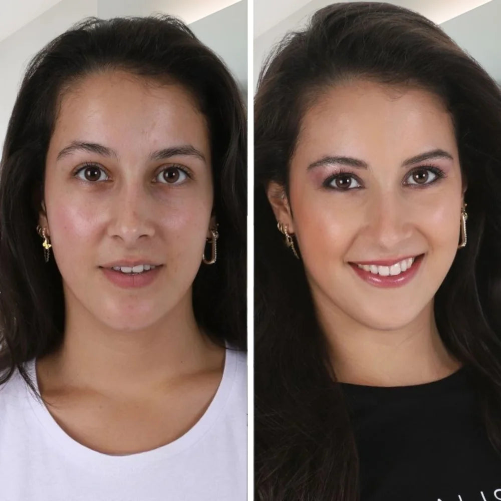 Voor-en-na-foto van dezelfde persoon: zonder make-up links, met make-up rechts